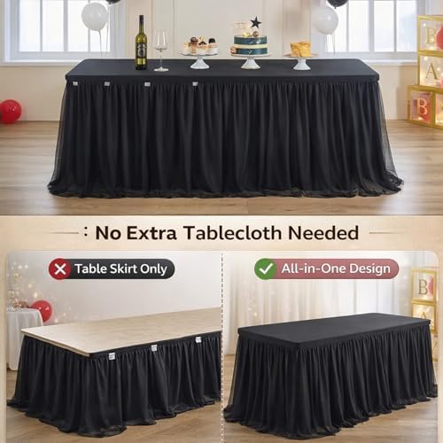 leegleri 4 pk Black Tulle Table Cloths for 8 Foot Rectangle Tables, 2-in-1 Black Table Covers with Tulle Skirt,Wrinkle Free Stretchy Ruffle Tulle Tablecloth Fitted for Wedding Party Banquet Vendor - Image 2