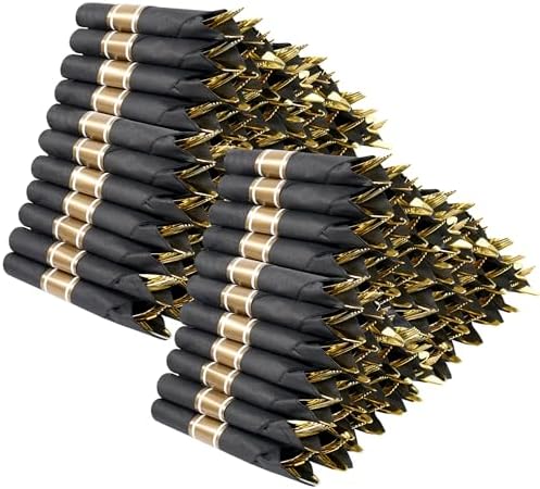 400 PCS Pre Rolled Cutlery Sets, Premium Gold Plastic Flatware Set Wrapped in Black Napkin, Disposable Cutlery Set with 100 Forks, 100 Knives, 100 Spoons, 100 Napkins for Wedding, Party, Dinner by Ziqianhard-Enjoylifewithus