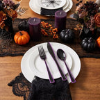 WDF 180 Pieces Black and Purple Halloween Plastic Silverware - Black Flatware Set Include 60 Forks, 60 Knives and 60 Spoons Heavy Duty Plastic Cutlery Purple Utensils for Halloween Party/Birthday - Image 4