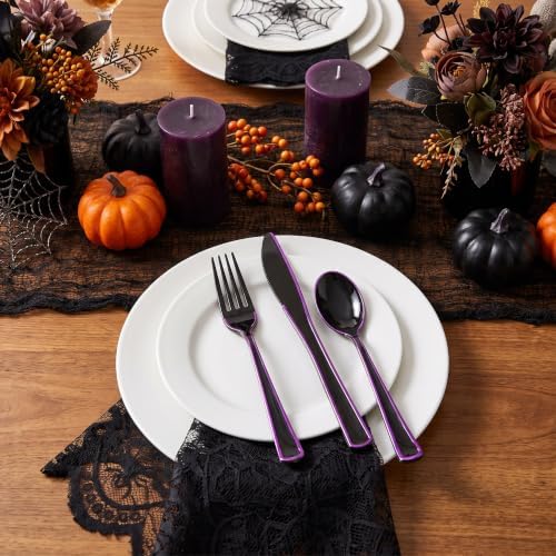 WDF 180 Pieces Black and Purple Halloween Plastic Silverware - Black Flatware Set Include 60 Forks, 60 Knives and 60 Spoons Heavy Duty Plastic Cutlery Purple Utensils for Halloween Party/Birthday - Image 4