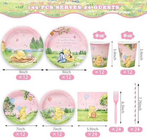 144Pcs Pink Winnie Bear Baby Shower Plates and Napkins Tableware Set, Plates Napkins Cups Straws and Forks Sets, Winnie Baby Shower Decorations Birthday Party Supplies, Serves 24 Guests - Image 3