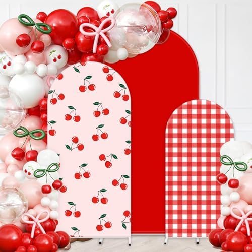FYSUIMU 3 Pcs Cherry Arch Backdrop Covers Pink Red Plaid Stretchy Spandex Arch Stand Fabric Cover for Wedding Birthday Baby Shower Gender Reveal Party Decoration (4ft/5ft/6ft) by FYSUIMU