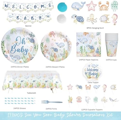 Hombae Sea You Soon Baby Shower Decorations – 177 PCs Under the Sea Baby Shower Party Supplies with Plates Hanging Swirls Banner Tablecloth Cake Topper Cupcake Toppers Cups Forks Straws Napkins - Image 2