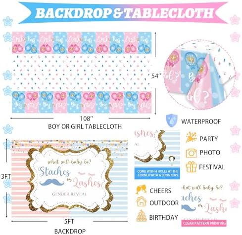 Hombae Staches or Lashes Gender Reveal Decorations, 169 PCs Boy or Girl Gender Reveal Decorations Backdrop Balloon Garland Banner Tablecloth Cake Cupcake Topper Box Cutout Poster Sash Pink Blue - Image 4