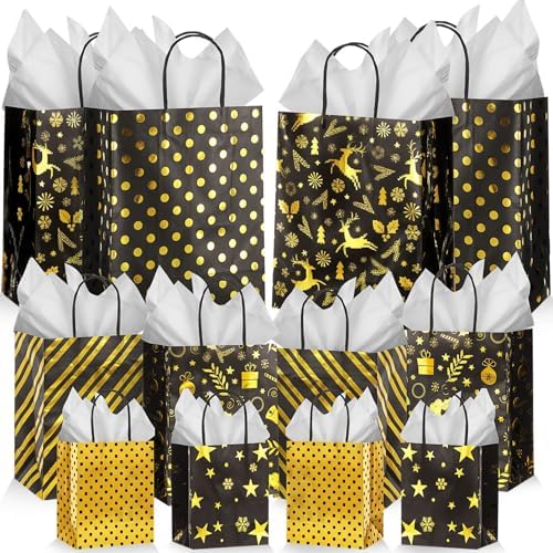 Humyoun 24 Pack Christmas Paper Gift Bags Bulk Assorted Sizes, Black,Gold by Humyoun