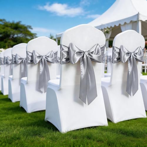 Silver Chair Sashes 50 Pack, Satin Chair Ribbons for Chairs Covers for Wedding Party Decor, Chairs Bows for Reception Ceremony Birthday Decoration - Image 2