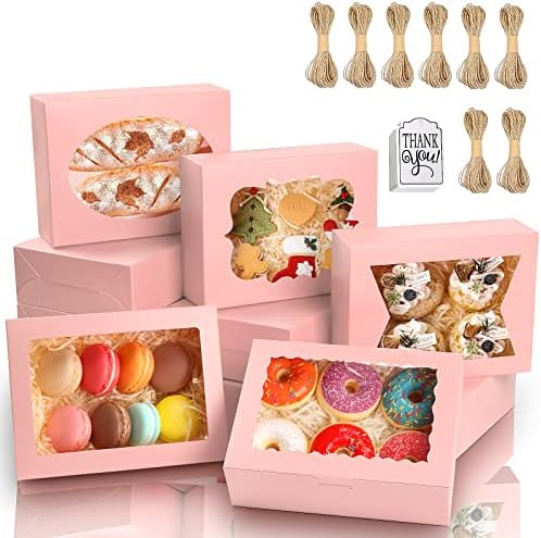 KPOSIYA 65 PCS 8x6x2.5 Inch Cookie Boxes with Window Pink Bakery Boxes Pastry Boxes for Gift Giving, Treat, Dessert, Cupcakes, Chocolate, Strawberries, Donuts, Muffins (5 Style Windows) by KPOSIYA