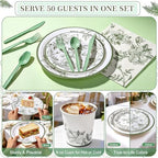 400 Pcs Disposable Sage Green Floral Tableware Set for 50 Guests - Image 6