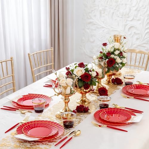 Ciaell 175 Piece Red and Gold Plastic Plates for Weddings Parties - Image 5