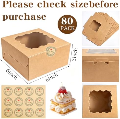 80 Pack Brown 6x6x3 Kraft Cake Boxes with Window, Bakery Treat Boxes - Image 2