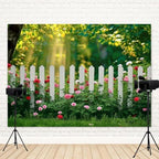 15x10ft Spring Backdrop Green Grass White Fence Photography Background Sunshine Flowers Garden Forest Natural Scenery Wedding Banner Decorations Birthday Baby Shower Portrait Photo Booth Prop - Image 4