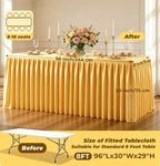 Gold Polyester Table Cloths for Rectangle 8 Foot Tables, 6 Pack Wrinkle Free Tablecloths Stretchy Banquet Ruffle Fitted Table Cover Desk Skirt for Parties Wedding Birthday Baby Shower - Image 5