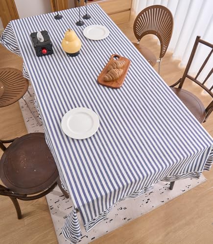 vctops Farmhouse Navy Stripe Ruffle Table Cloth, Boho Cotton Linen Tablecloth, Washable Table Cover for Rectangle Table Baby Shower Kitchen Party Wedding Decor (Navy B,55"x118") - Image 4