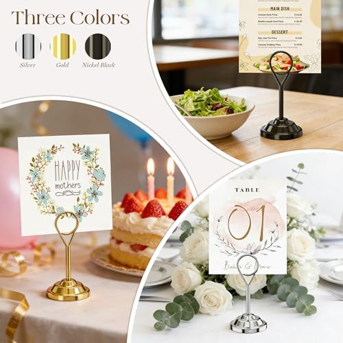 Urban Deco 16 Pieces Table Card Holder Place Card Holders 4 inches Steel Card Holders for Photos, Food Signs, Memo Notes, Weddings, Restaurants, Birthdays (Silver Round) - Image 5