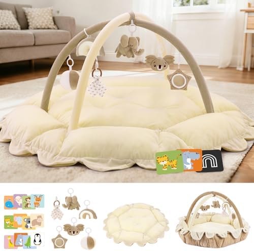 5-in-1 Baby Activity Gym & Play Mat with 6 Hanging Toys, Tummy Time Mat & Cards - Extra Large, Reversible Machine Washable Pad - Gift for Newborns, Infants 0-12 Months, Cream by Unknown