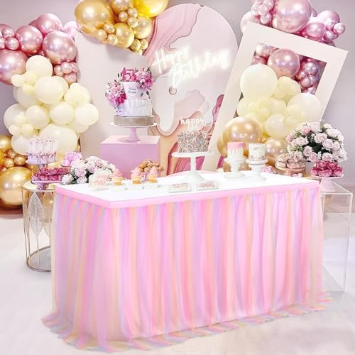 QueenDream Pink Tutu Table Skirts 14ft Colorful Tulle Table Skirt for Rectangle Tables for Baby Shower Birthday Party Wedding Decorations - Image 4