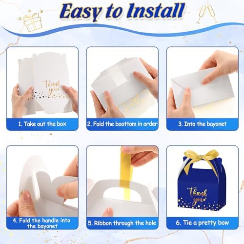Engrowtic 50 Pcs Thank You Paper Boxes Ribbon Gift Treat Boxes with Handles 5.9 x 3.5 x 3.5 Inch Gold Foil Print for Graduation Wedding Baby Shower Holiday Party(Royal Blue) - Image 4