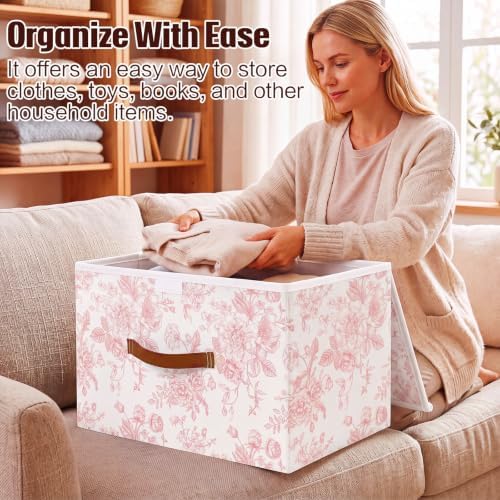 2 Pack Pink Floral Storage Bin with Lids, 17x11x12 Inch - Image 3