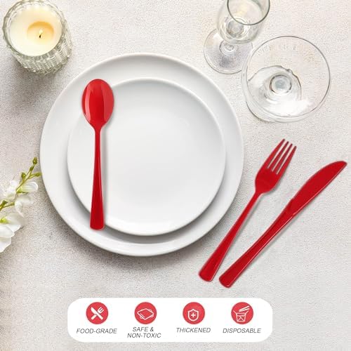 Kochorie 300 Pieces Red Plastic Silverware, Heavy Duty Plastic Cutlery Set - Image 4