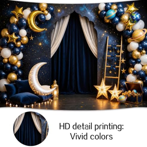 15 x 10 ft Navy Blue Starry Night Backdrop Gold Moon Stars Balloons Night Sky Curtain Theme Photography Background Galaxy Star Baby Shower Birthday Newborn Portrait Photo Booth Decor - Image 7