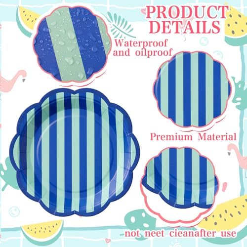 Domensi 60 Pcs Pastel Paper Plates for Party, Scalloped,Stripe,4 Color - Image 2