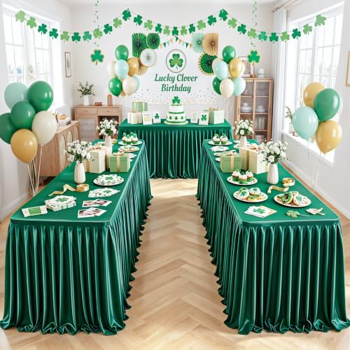 6 Packs Green Satin Tablecloths Rectangle 8FT, Glitter Spandex Fitted Stretch Table Covers Wrinkle-Free Floor Length Shimmer Table Skirt for Weddings Parties Baby Shower Banquets Vendor Events - Image 4
