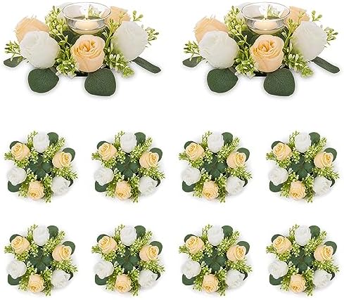 NUPTIO Small Flower Rings for Centerpieces: 9.05 Inch Champagne & White Candle Wreath 10 Pcs for Wedding Party Christmas Table Decorations - Spring Summer Front Door Porch Decor by Nuptio