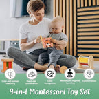 Pine Bunny Montessori Wooden 9-in-1 Toy Set for 4+ Months, Silicone Teether, Interlocking Discs, Mirror Toy, Wooden Bell Cylinder, Cloth Book, Spinning Drum, Educational Learning Sensory Development - Image 6
