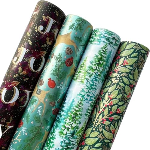 Jillson Roberts Mature Christmas Wrapping Paper Roll Bundles (25 sq ft per roll, 100 Total Sq Ft) Trees, Reindeer, Holly, Florals, 4 Pack by JILLSONROBERTS