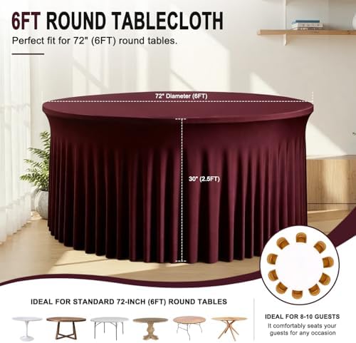 12 Pack 132inch Burgundy Round Tablecloth, Circle Stretch Table Cloths for 6 FT Tables, Wrinkle Free Round Table Skirt for Wedding Birthday Photography Party Social Events Engagement Party Decoration - Image 2
