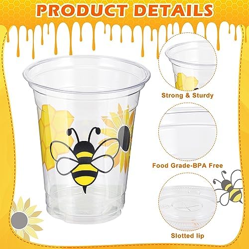 Sliner 120 Pcs Honey Bee Party Decoration Cups, 12 oz Clear Disposable Drinking Honey Cup, First Bee Day Plastic Cups Bulk with Paper Straws, Lids for Home, Kitchen, Baby Shower Summer Birthday - Image 3