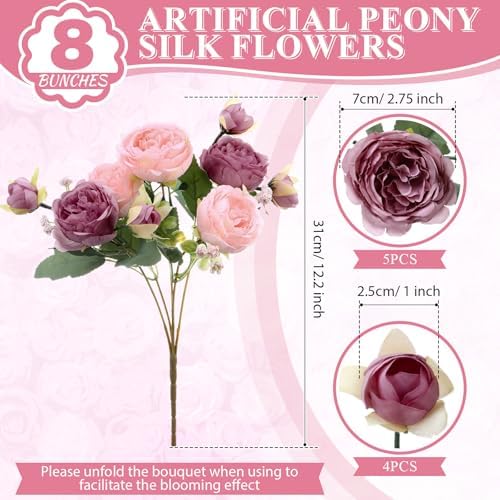 8 Bundles Artificial Peony Centerpiece Flowers,Pink, Dark Pink - Image 2