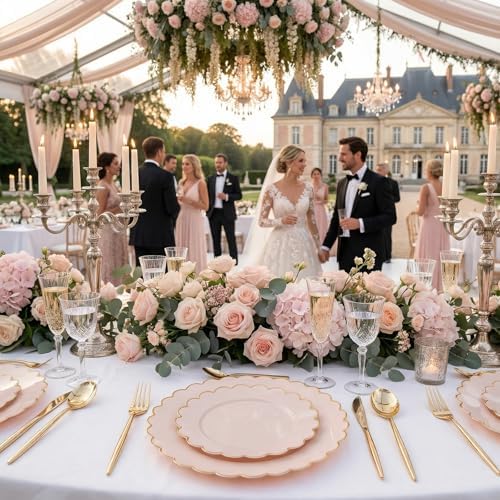 LIYH 60 Pcs Pink Plastic Plates with Gold Rim for Bridal Shower & Party - Image 6