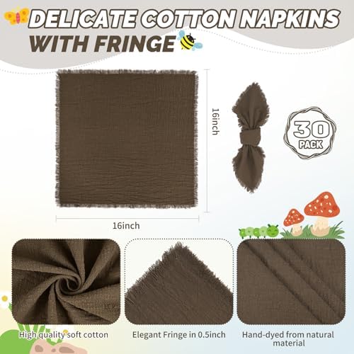 Showgeous 30 Pack Brown Cloth Napkins with Fringe, 16x16 inch 100% Cotton - Image 2