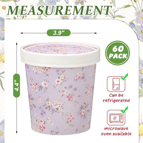 Roshtia 60 Pack Floral Themed Ice Cream Cups, 16 oz Disposable Soup Cups Microwave Safe for Floral Themed Birthday Party Women Bridal Wedding Tea Party Baby Shower, Hot or Cold Food - Image 2
