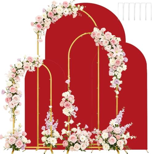Set of 3 Metal Arch Backdrop Stands with Red Covers, 6/6.6/7.2FT by Laxwuqu