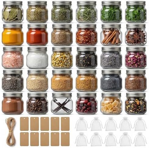 8 oz Mason Jars with Airtight Silver Lids - 30 Pack Small Glass Jars Set with Labels, Twine & Mesh Bags - Wide Mouth Canning Jars for Party Favors, Baby Shower, Wedding & Bulk Crafts by Unknown