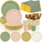 Mimorou 338 Pcs Sage Green and Pink Plates Napkins Cups Flatware Set by Mimorou