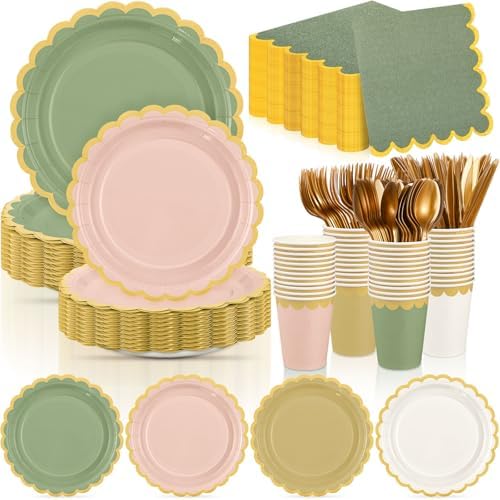 Mimorou 338 Pcs Sage Green and Pink Plates Napkins Cups Flatware Set by Mimorou