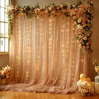 10x10FT Dark Champagne Wrinkle Free Backdrop Curtains with Lights String for Parties - Photo Curtain Backdrop with Lights for Wedding Decorations, Bridal Baby Shower Birthday Party Photography by WishCare
