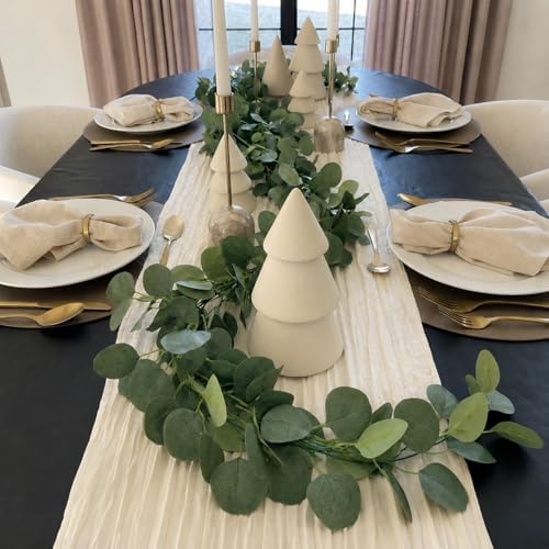 Leinuosen 8 Set 10 Ft Ivory Cheesecloth Table Runner Wedding Decor with 6 Ft Eucalyptus Garland, Boho Gauze Table Centerpiece Runner for Wedding Baby Shower Birthday Party Decoration - Image 6