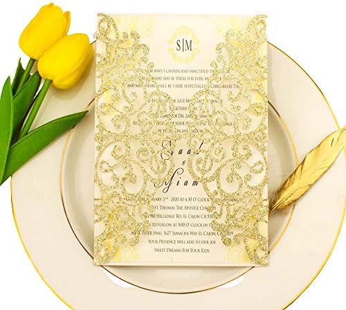 50Sets 5x7 inch 250gsm Light Gold Glitter Wedding Invitations Cards with Envelopes Laser Cut Greeting invites 4 Birthday Bridal Show by Unknown