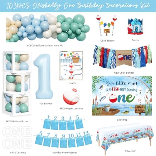 Party Inspo Ofishally One Birthday Decorations, 103 PCs - Gone Fishing 1st Birthday Party Supplies with Fish First Backdrop, Balloon Garland, Banners, Paper Lanterns, Poster - Image 2