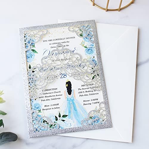 Hosmsua 50PCS Personalized Silver Glitter Quinceanera Invitations Kit 5.1x7.3 Inch Laser Cut Floral Crown Pocket Quinceanera Invitation Cards with Envelopes for Birthday Quince Invitation - Image 2