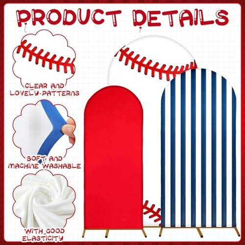 Foilswirl Baseball Theme Photo Background 4ft 5ft 6ft Spandex Arch Backdrop Cover for Photography Studio, Red Blue White Sports Backdrop for Photo Shoot Props - Image 6