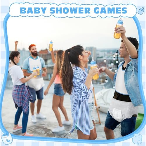 8 Sets Bottle Chug Baby Shower Games Juegos Para Plastic Baby Bottles Bibs Disposable Diapers Gender Reveal Games Baby Changing Diaper Race Game Decoration (Blue) - Image 7