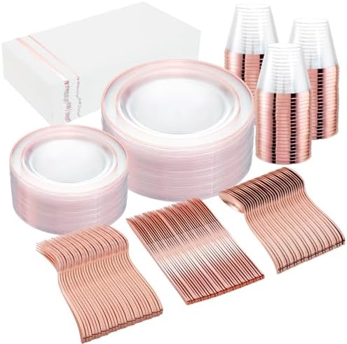 GATHER 350PCS Clear Rose Gold Plastic Plates for Wedding and Party by Gather