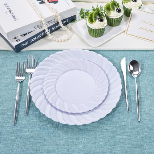U-QE 60 Pcs White Plastic Plates for Party – Scalloped Plastic Plates - Image 6