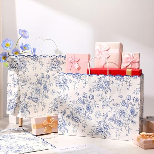 Kolldenn 24 Pcs Blue Floral Gift Bags with Handles, 16x6x12 In - Image 3