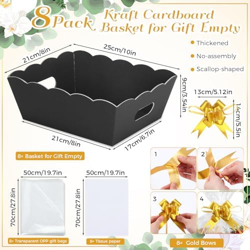 Fuyoooo 8 Pack Black Basket for Gifts Empty to Fill, 10" x 8" Thick Sturdy Kraft Scalloped Edge Gift Basket with Handle, 8 Wrap Bag 8 Bow 16 Tissue Paper for Christmas Wedding Birthday Wrapping Gift - Image 2
